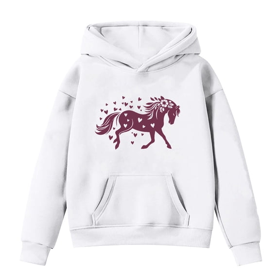 Tiweut Casual Hoodies Girls Kids Horse Print Long Sleeve Hooded Sweatshirt Loose Fit Clothes with Pocket Blouses,Z1 White,8-9 Y