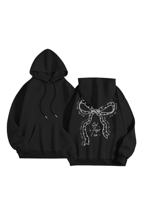 Womens Hoodies Hooded Long Sleeve Bow Graphic Print Loose Fit Pullover Sweatshirt Everyday Wear Regular Blouses Black,S