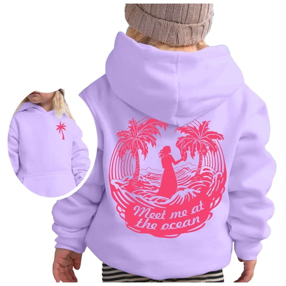 Tiweut Casual Hoodies for Girls Long Sleeve Hooded Soft Sweatshirt Beach Graphic Hoody Kids Cute Pullovers Top Clothes Relaxed Fit Blouses 10-11 Y