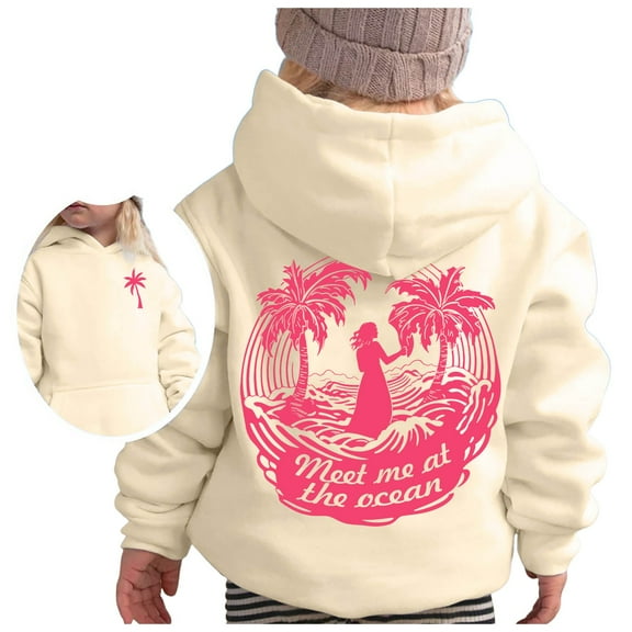 Tiweut Casual Hoodies for Girls Long Sleeve Hooded Soft Sweatshirt Beach Graphic Hoody Kids Cute Pullovers Top Clothes Relaxed Fit Blouses 2-3 Y
