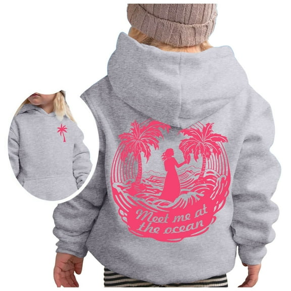 Tiweut Casual Hoodies for Girls Long Sleeve Hooded Soft Sweatshirt Beach Graphic Hoody Kids Cute Pullovers Top Clothes Relaxed Fit Blouses 5-6 Y