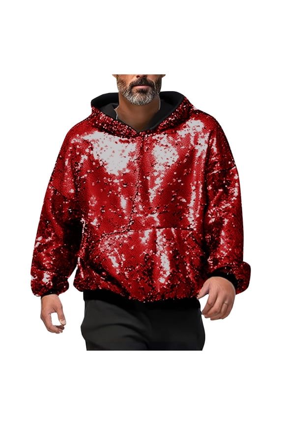 Casual Hoodies for Mens Hoodies Sequin Flip Over Special Trend Hooded Long Sleeve Sweatshirt Loose Fit Party Gown Pullover Tops Red,S