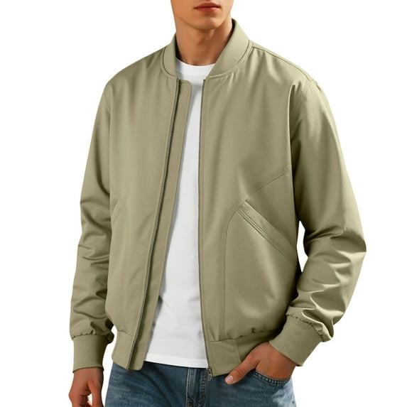 Tiweut Casual Jackets for Men Baseball Slim Fit Zip Up Lightweight Stylish Outerwear Daily Wear Streetwear Outdoor Clothes Khaki,L