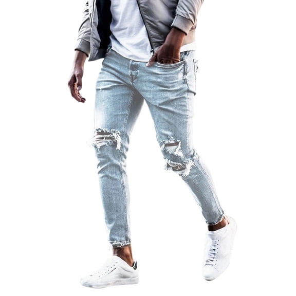 Tiweut Casual Jeans Men Denim Pants Slim Fit Mens Long Leggings Mid Wasit Ripped Streewear Trousers for Man Blue,S