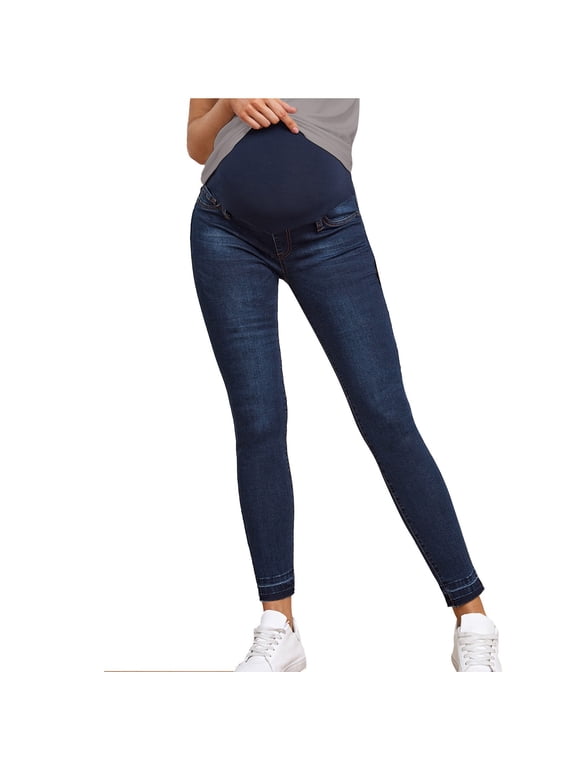 Casual Jeans for Womens Maternity Leggings Denim Pants Long High Waist Elastic Full Panel Pull On Ripped Distressed Stretchy Trousers for Ladies Blue,M