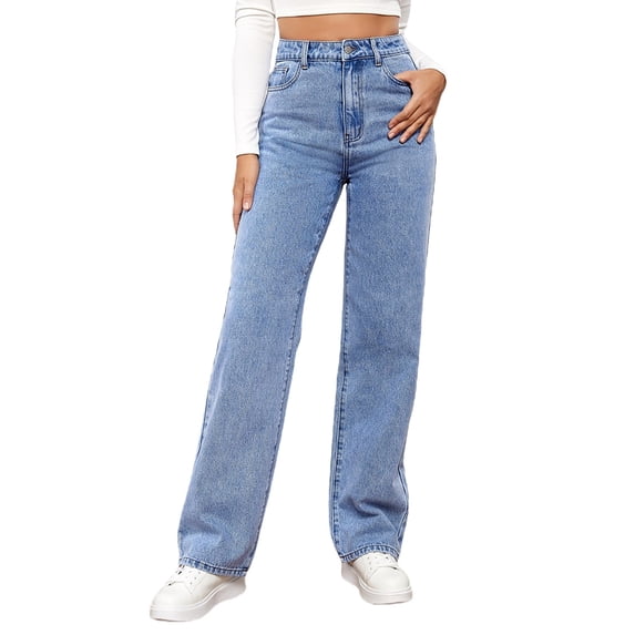 Tiweut Casual Jeans for Womens Fashion Solid Loose Fit Button Denim Long Pants High Waist Straight Leg Washed Ripped Trousers Light Blue,L