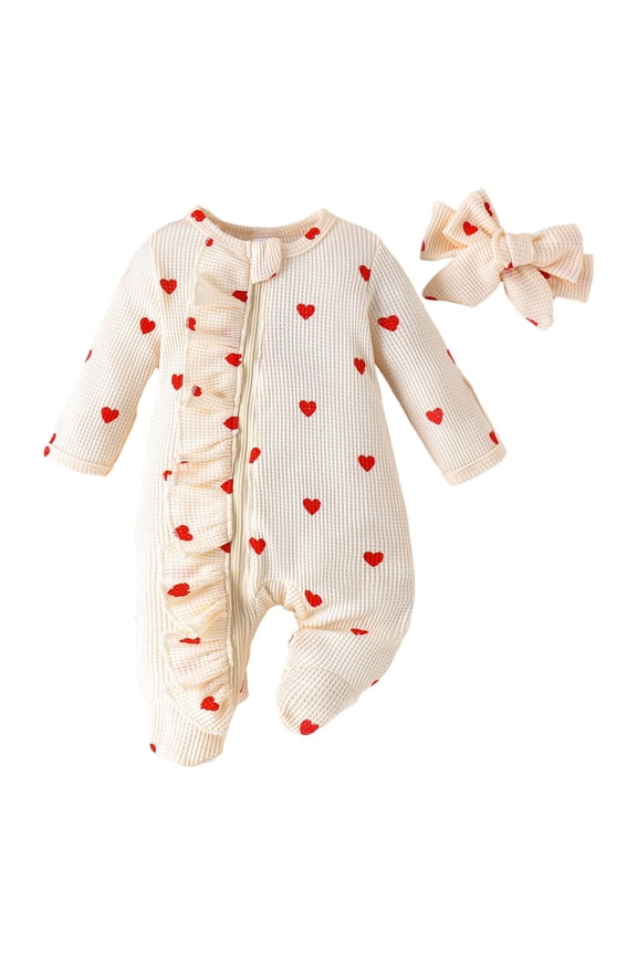 Casual Kids Outfits Girl Valentines Day Ruffle Heart Print Romper Headband Suit Set