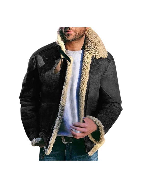 Casual Leather Jackets Mens Mens Winter Wool Long Sleeve Lapel Splice Fit Solid Color Warm Overcoat with Pockets Blouses Black,4XL
