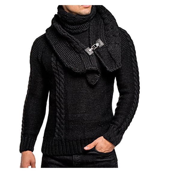Tiweut Casual Sweaters for Men Long Sleeve High Neck Shawl Pullover Fall Sweater Solid Color Winter Pullover Man Tops Black,L