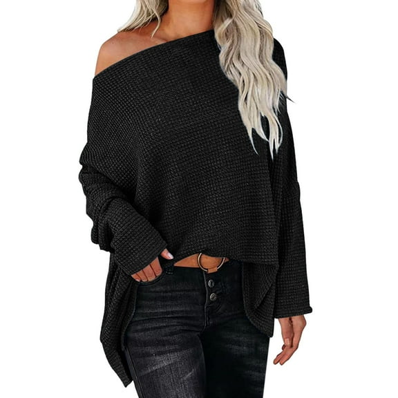 Tiweut Casual Sweaters for Women Off Shoulder Long Sleeve Oversized Solid Color Pullover Sweater Knit Loose Fit Elegant Blouses Black,S