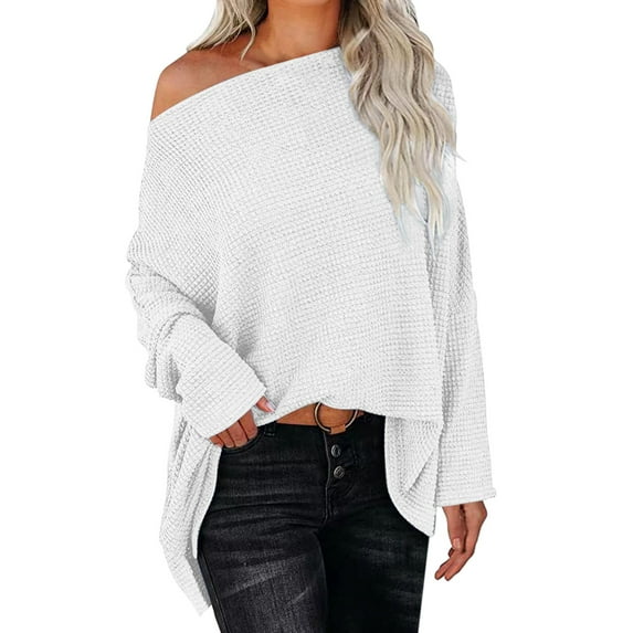 Tiweut Casual Sweaters for Women Off Shoulder Long Sleeve Oversized Solid Color Pullover Sweater Knit Loose Fit Elegant Blouses White,L