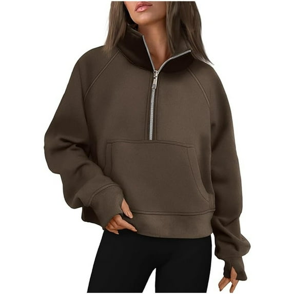 Tiweut Casual Sweatshirts Womens Fall and Winter Sports Half Zip Yoga Wear Loose Fit Stand Collar Long Sleeve Sweater Blouses Coffee,XL