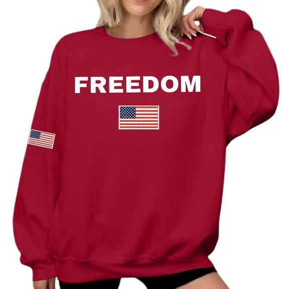 Tiweut Casual Sweatshirts Womens Letter Printed Crewneck Long Sleeve Flag Graphic Pullover Loose Fit Streetwear Blouses Red,S