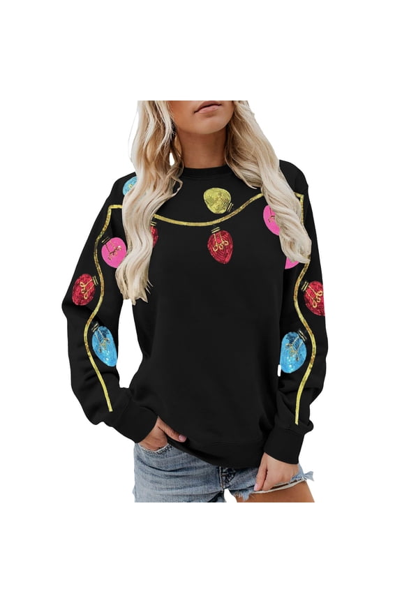 Casual Sweatshirts for Women Sequin Festival Light Long Sleeve Shirt Holiday Crewneck Pullover Tops,Black,M