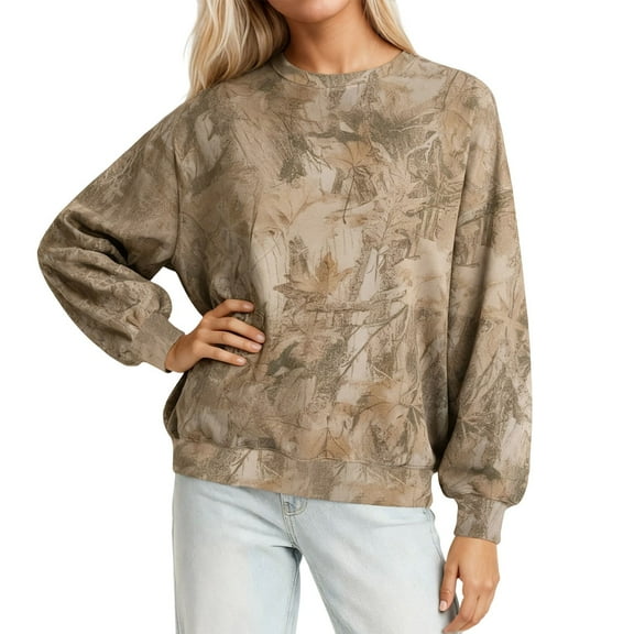 Tiweut Casual Sweatshirts for Womens Camo Graphic Hoodless Crewneck Tops Long Sleeve Loose Fit Pullover Soft Loungewear for Fall Winter,Z1 Khaki,S
