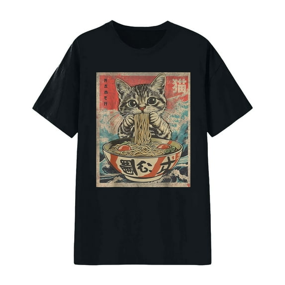 Tiweut Casual T-Shirt for Women Funny Cat Ramen Noodles Kawaii Anime Manga Japanese Food Graphic Print Short Sleeve Round Neck Tops,Black,L