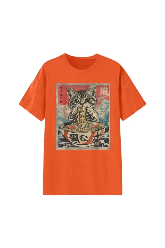 Casual T-Shirt for Women Funny Cat Ramen Noodles Kawaii Anime Manga Japanese Food Graphic Print Short Sleeve Round Neck Tops,Orange,M