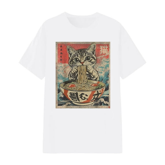 Tiweut Casual T-Shirt for Women Funny Cat Ramen Noodles Kawaii Anime Manga Japanese Food Graphic Print Short Sleeve Round Neck Tops,White,2XL