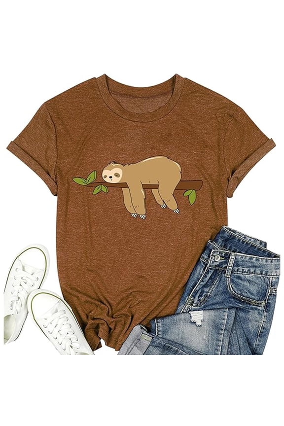 Casual T-Shirts for WomenShort Sleeve Round Neck Tee Cute Sloth Graphic Print Design Daily Wear Loose Fit Pullover Streetwear Tops,A-Coffee,L