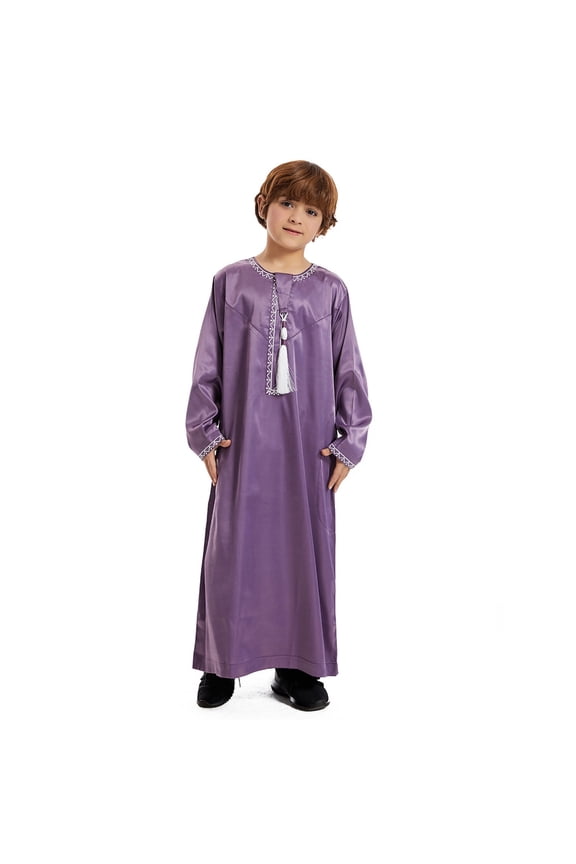Casual Tops Boys Arabic Thobe Long Sleeve Crew Neck Robe Teenage Embroidered Children's Wear Boy Relaxed Fit Coat Purple,3-4 Y
