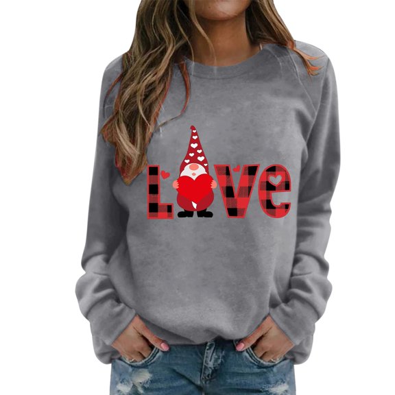 Tiweut Casual Valentine's Day Sweatshirt for Women Crew Neck Letter Print Long Sleeve Comfy Loose Fit Pullover Regular Blouse,A-Grey,S