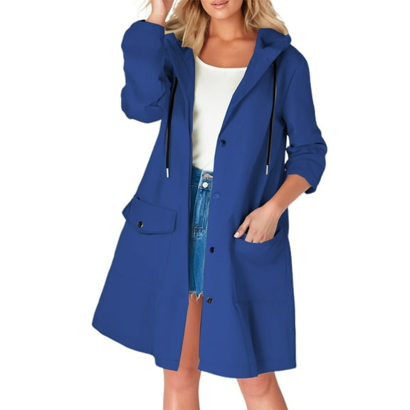 Tiweut Casual Windbreaker Jackets Womens Hooded Long Sleeve Cardigan Trench Raincoat PU Material All Seasons Blouses Blue,L