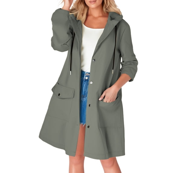 Tiweut Casual Windbreaker Jackets Womens Hooded Long Sleeve Cardigan Trench Raincoat PU Material All Seasons Blouses Grey,M