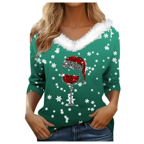 Tiweut Casual Womens T-Shirts Christmas Long Sleeve Collar Festive Print Fashion Pullover Relaxed Fit Tops,Green,XL