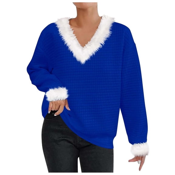 Tiweut Casual Womens T-Shirts Christmas Solid Color Loose Fit Long Sleeve V Neck Lined Regular Blouses,Blue,2XL