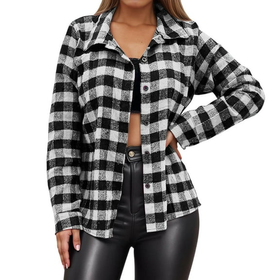 Tiweut Casual Womens T-Shirts Stylish Long Sleeve Plaid Lapel Button Open Front Cardigan Plus Size Outerwear Blouses,Black,L