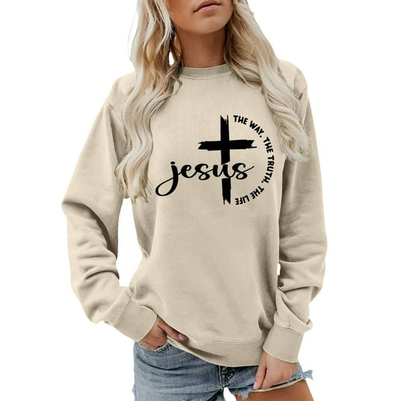 Tiweut Christian Sweatshirts Women Jesus The Way The Truth The Life Bible Verse Shirt Religious Crew Neck Pullover,Beige,S