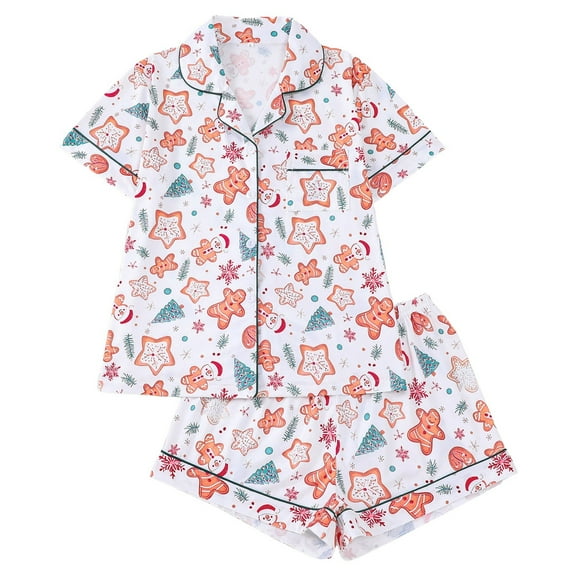 Tiweut Christmas Pajamas 2 Piece Sets Womens Long Sleeve Lapel Button Top Floral Print and Shorts Holiday Sleepwear Cozy Outfit for Winter Nightwear Ladies Sleepwear Set,C-White,XL