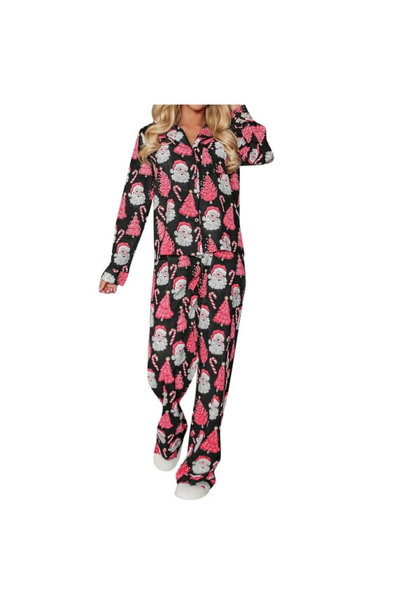 Christmas Pajamas Sets for Womens Santa Claus Print Long Sleeve Lapel Button Tops and Loungeewear Matching Pants Festive Set Holiday Ladies Sleepwear Set,Black,S