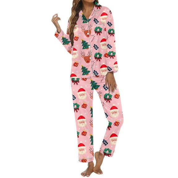 Tiweut Christmas Pajamas Sets Womens Two Piece Santa Graphic Print Long Sleeve Lapel Button Blouses and Pants Soft Homewear Home Outfit Ladies Sleepwear Set,B-Pink,S