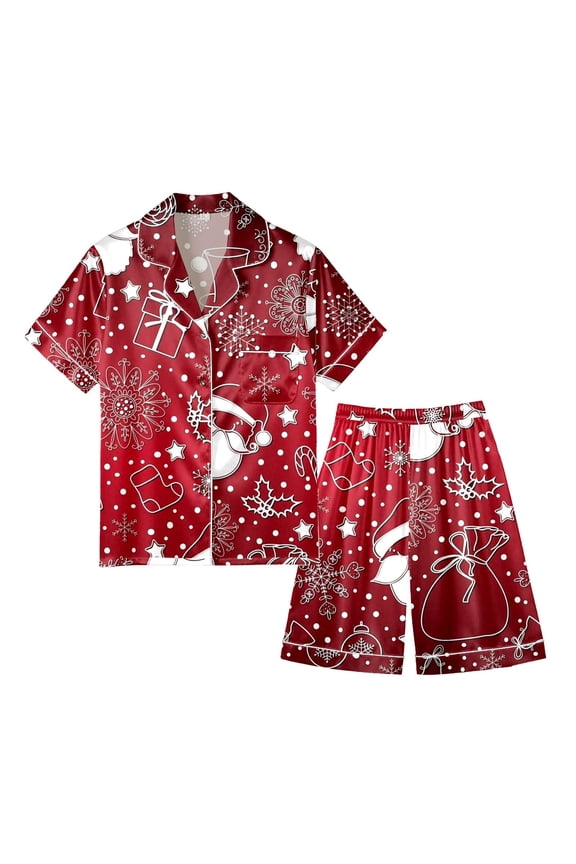 Christmas Pajamas Sets for Mens Fashion Santa Cartoon Printed Short Sleeve Lapel Button and Shorts Set Sleepwear Set,Red,L