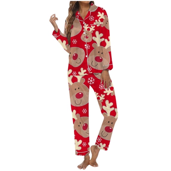 Tiweut Christmas Womens Casual Pajamas Sets Santa Reindeer Pattern Long Sleeve Lapel Blouses and Pants Set Comfy Holiday Wear Ladies Sleepwear Suit,B,L
