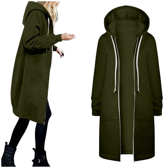 Tiweut Coats for Womens Fall Winter Warm Long Sleeve Hooded Drawstring Zipper Open Thin Long Cardigans Outwear Tops Army Green,3XL