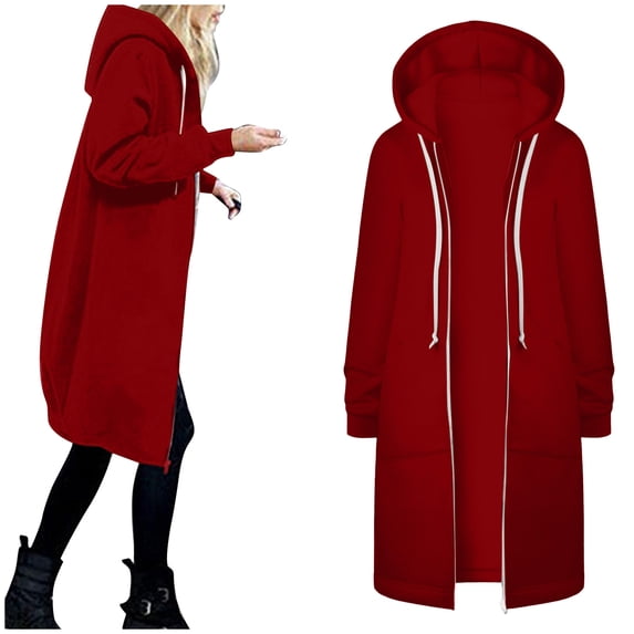 Tiweut Coats for Womens Fall Winter Warm Long Sleeve Hooded Drawstring Zipper Open Thin Long Cardigans Outwear Tops Red,3XL