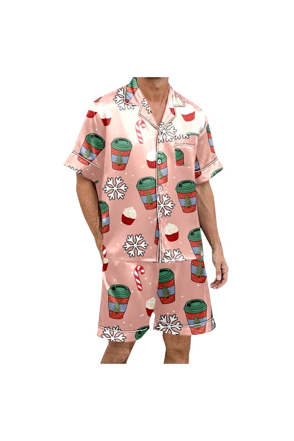 Comfy Pajamas Sets Mens Christmas Fashion Santa Cartoon Printed Short Sleeved Shorts Button Up Set Sleepwear Set,Pink,XL