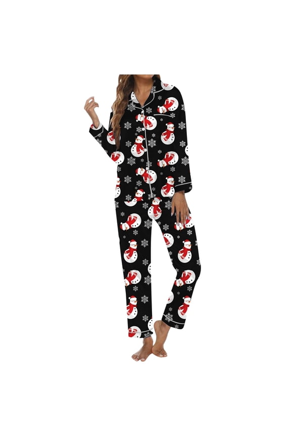 Comfy Pajamas Sets Womens Christmas Santa Snowman Pattern Long Sleeve Lapel Blouses and Pants Set Comfy Holiday Wear Sleepwear Set,EE,S
