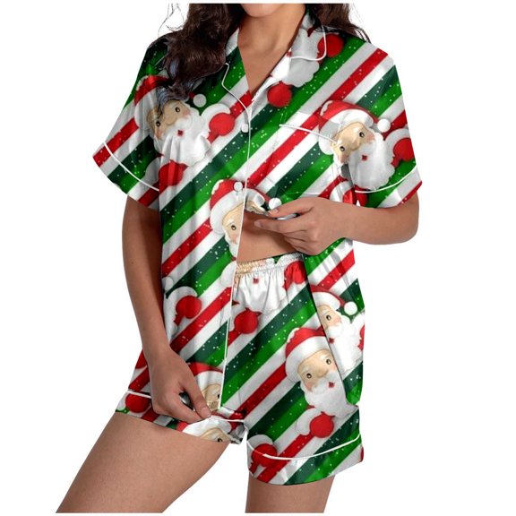 Tiweut Comfy Pajamas Sets Womens Christmas Soft Short Sleeve Lapel Button Santa Print Tshirts and Pants Loungewear for Cozy Homewear Outfit Relaxing Nightwear Holiday Ladies Sleepwear Set,Green,S