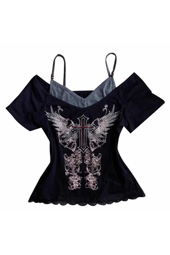 Emo Grunge Shirts Women 2000s Graphic Baby Tees Two Piece Short Sleeve Vintage Y2k Crop Top Goth Alt Clothes,Black,L