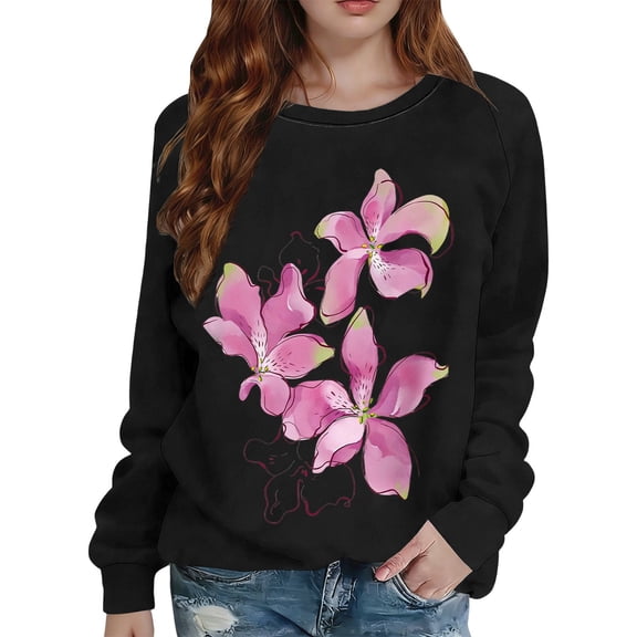 Tiweut Flower Graphic Sweatshirt for Women Vintage Minimalistic Loose Pullover Tops,Black