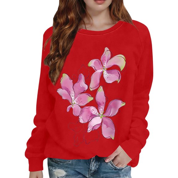 Tiweut Flower Graphic Sweatshirt for Women Vintage Minimalistic Loose Pullover Tops,Red