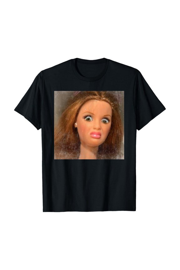 Funny Doll Graphic Tee, Awkward Face Meme T-Shirt, Hilarious Character Top, Quirky Doll Humor Tee, Weird Face Graphic Shirt, Viral Character Meme Top, Unique Humor T-Shirt,Black,L