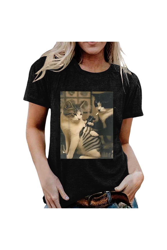 Funny T Shirt for Women Vintage Cat Smoking Tattoo Inked Kitty Artist Tops,Black