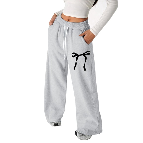 Tiweut Girl's Bowknot Baggy Sweatpants Cute Straight Leg Athletic Pants With Pockets Clothes For Teen Girls,Grey,12-13 Y