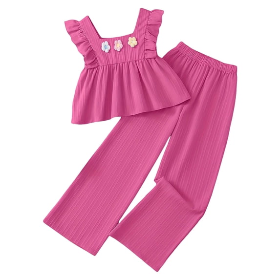 Tiweut Girls 2 Piece Outfits Flutter Sleeve Floral Print Top and Woven Pants Solid Color Cloth Set,10-11 Y