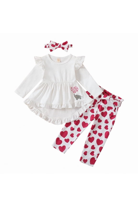Girls 2pcs Outfits Valentine's Day Print Ruffles Long Sleeve Top and Pants Headband Suit,12-18 M