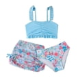 thumbnail image 1 of Tiweut Girls' 3 Piece Set Floral Print Bikini Swimsuit Beach Skirt Ruched Bathing Suit,Sky Blue, 1 of 3